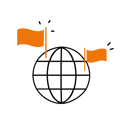 Schwarz-oranges Icon "Weltkugel" als Symbol für die Anzahl der in der Belegschaft vertretenen Nationalitäten bei netgo