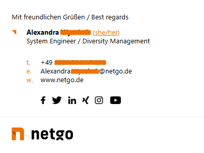 Screenshot einer beispielhaften Signatur mit der Angabe von Pronomen