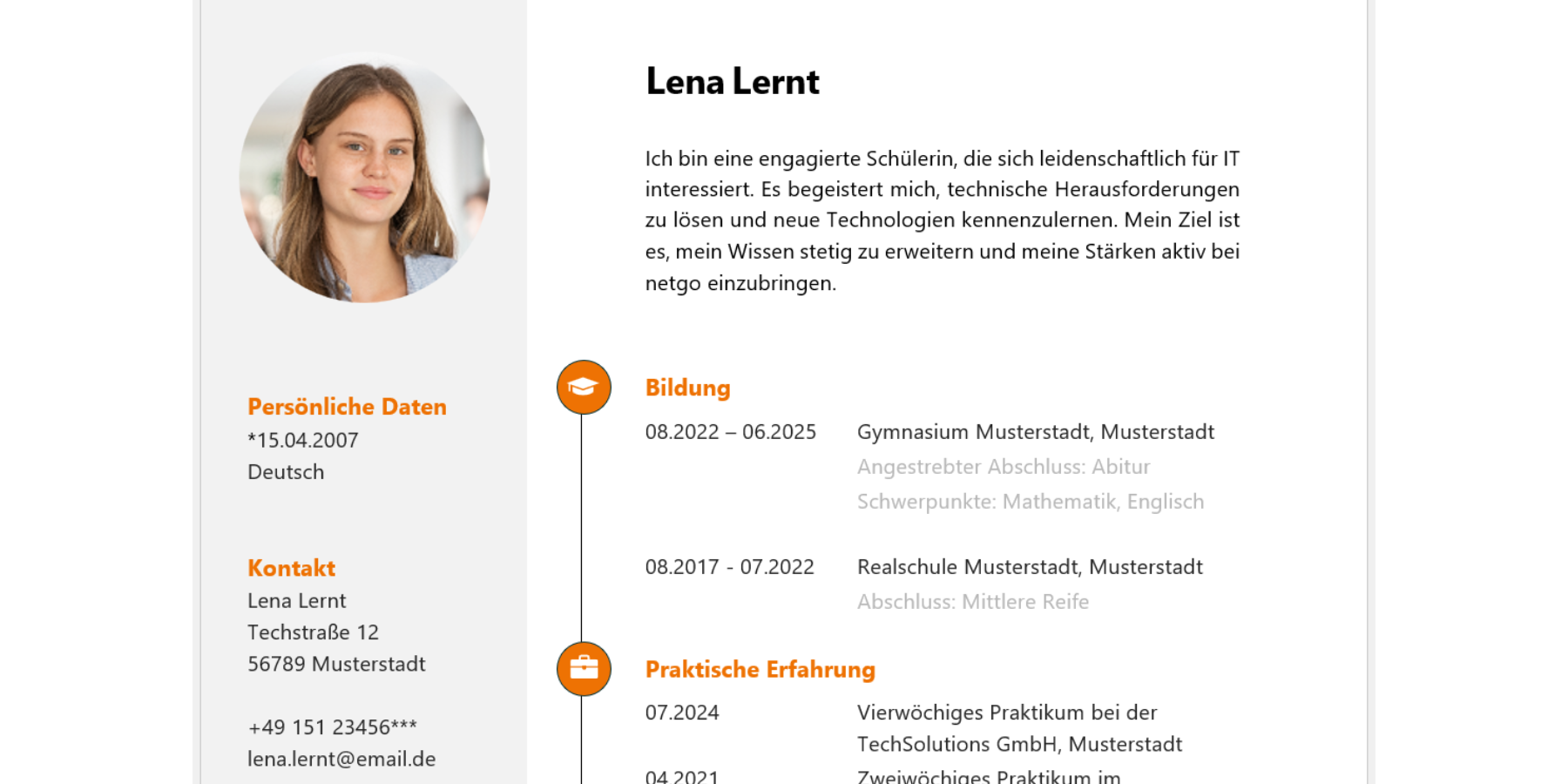 Screenshot von einer Vorlage für den Lebenslauf von netgo