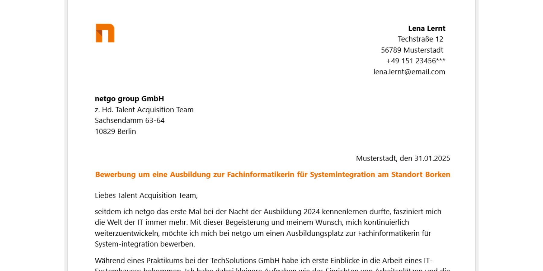 Screenshot von einer Vorlage für das Bewerbungsanschreiben von netgo