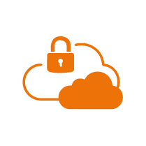 Ein orangefarbenes Wolkensymbol mit einem Vorhängeschloss symbolisiert sichere Cloud-Lösungen und Flexibilität.