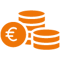 Orangenes Icon mit Geldmünzen und Euro-Symbol