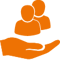 Orangenes Icon mit Hand und zwei Personen