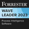 Badge der Auszeichnung Forrester Wave Leader 2023 für Process Intelligence Software