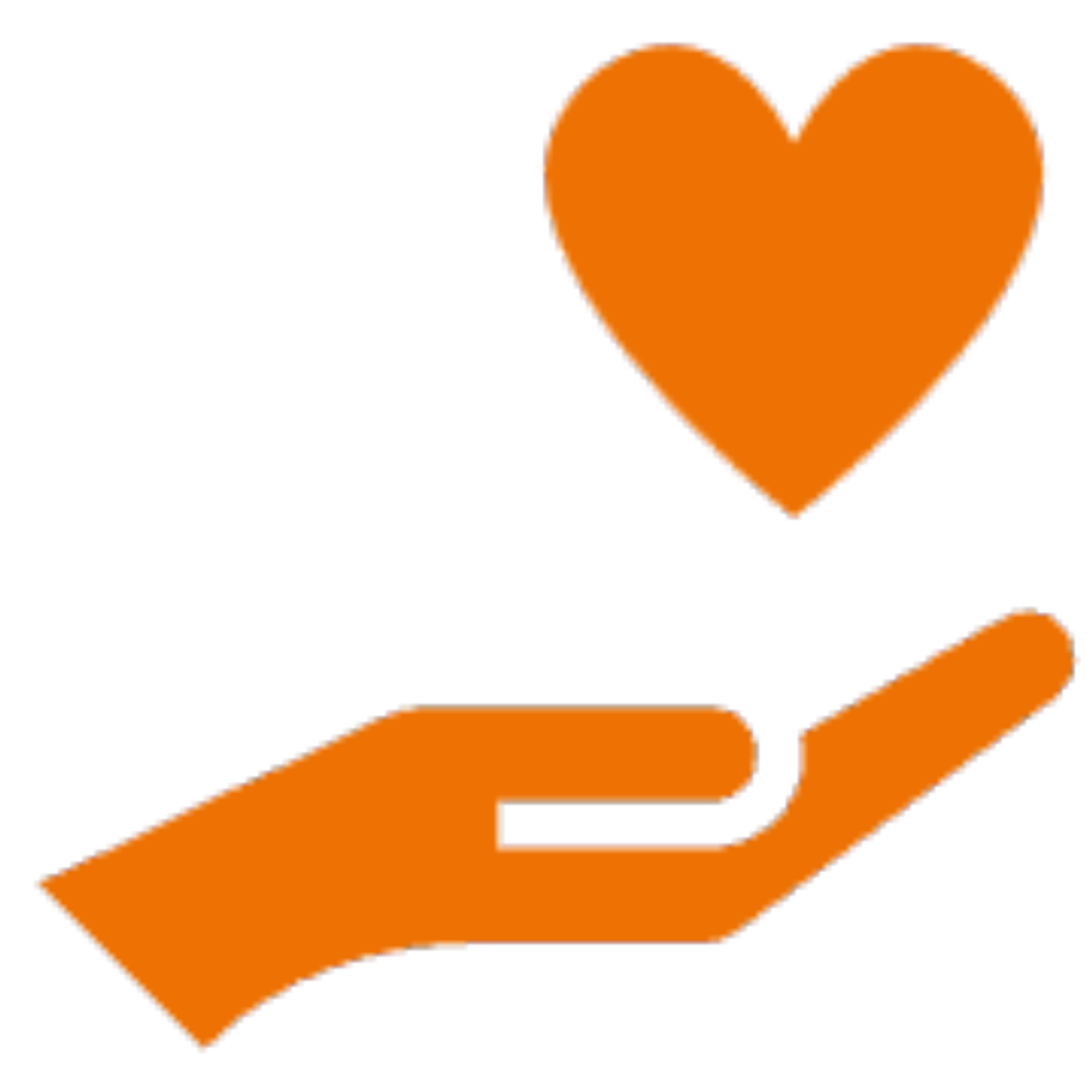 Orangenes Icon mit einer Hand und einem Herz als Symbol für den Wert 