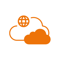Ein orangefarbenes Wolkensymbol mit einer Weltkugel darin symbolisiert sichere Cloud-Lösungen und flexible Internetkonnektivität.